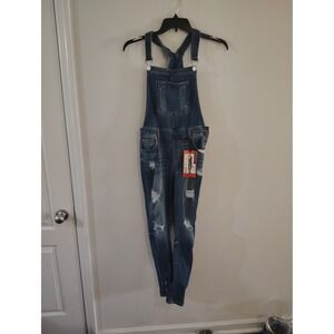 Enjean Womens Distressed Denim Overalls Medium Wash Relaxed Skinny EOP903 L